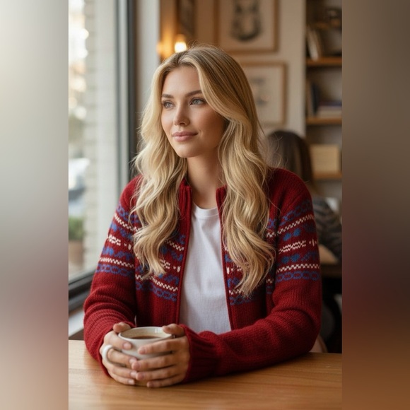 Talbots Wool Fair Isle Red Full Zip Cardigan Sweater Women’s Size L - Picture 13 of 14